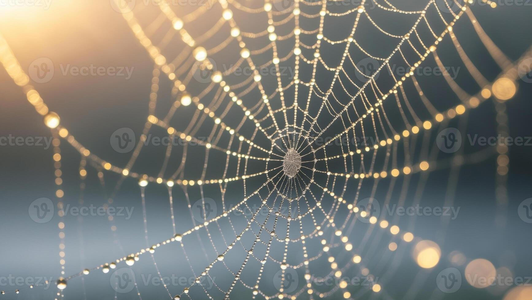Morning dew on spider web reflecting sunlight at dawn photo
