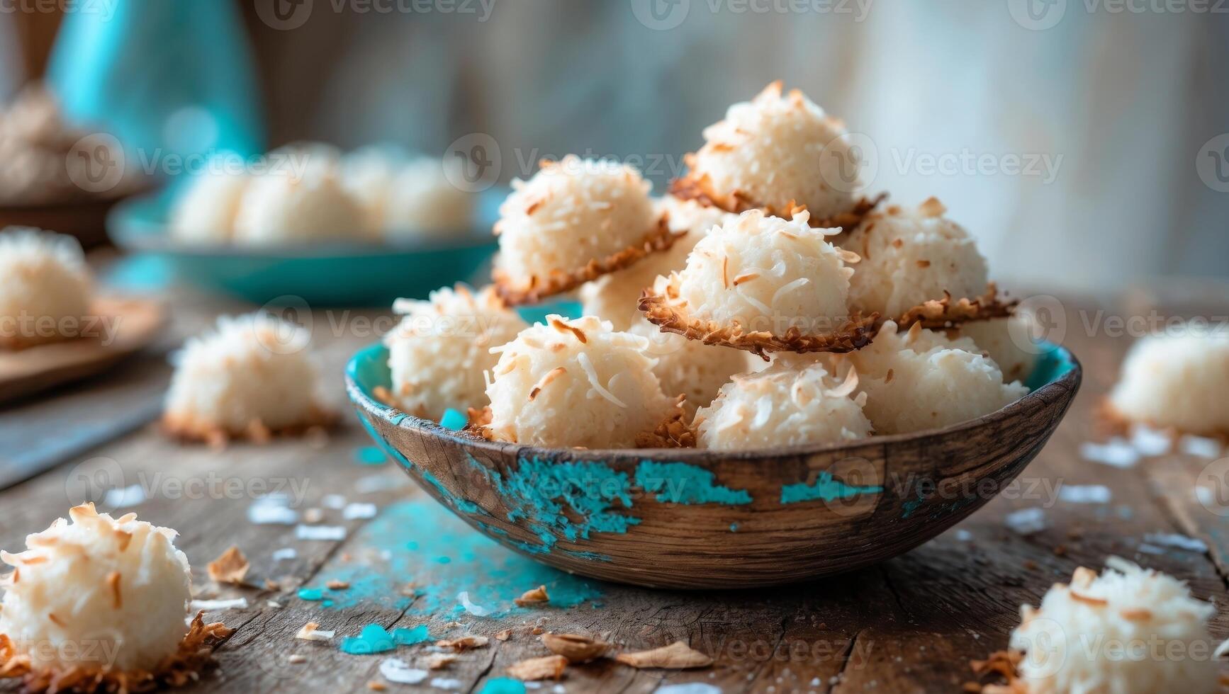 National Macaroon Day Coconut Macaroons Delicious coconut truffles in rustic wooden bowl on wooden table photo