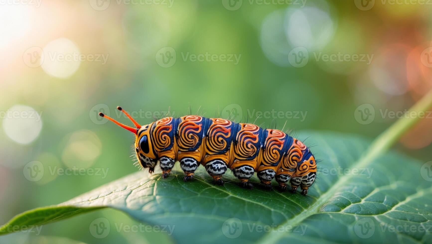 Vibrant caterpillar on fresh green leaf in natural habitat photo