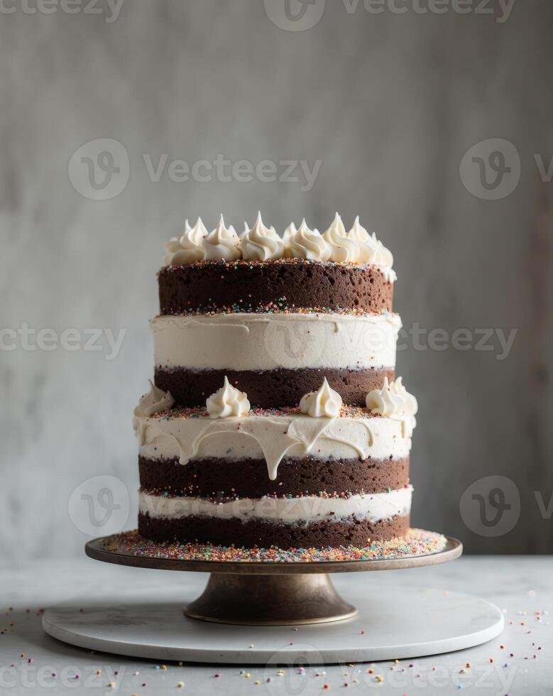 Tall Chocolate Layer Cake with Cream Frosting and Sprinkles photo