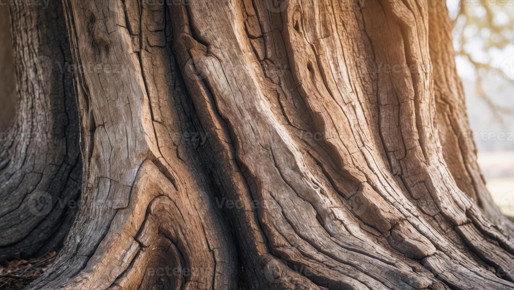 the rough textured bark of an ancient oak tree marked by years o photo