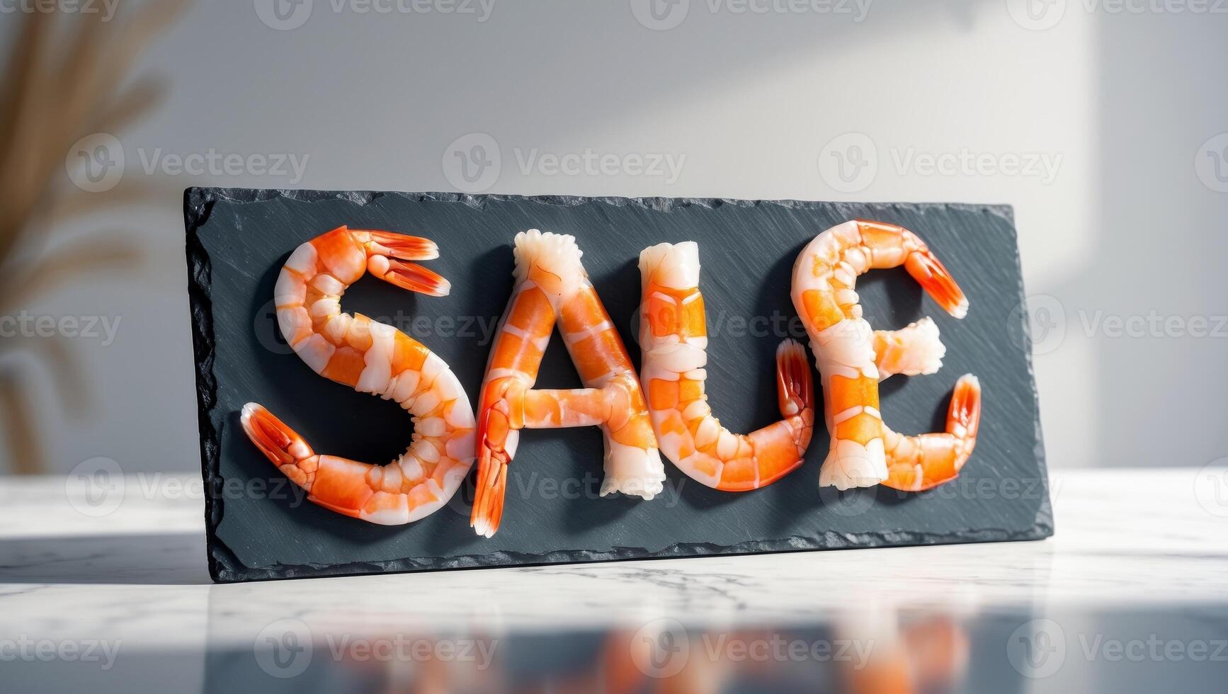 Seafood display features large shrimp arranged to spell sale on a slate board photo