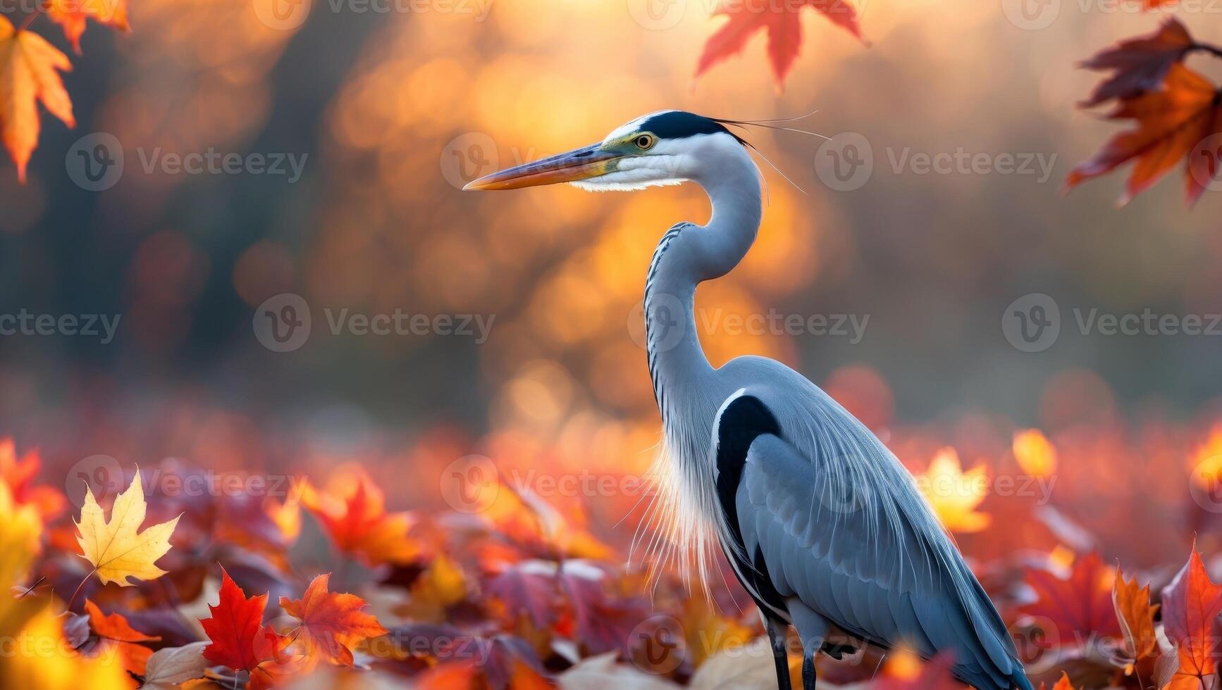 Majestic heron among vibrant autumn leaves at sunset photo