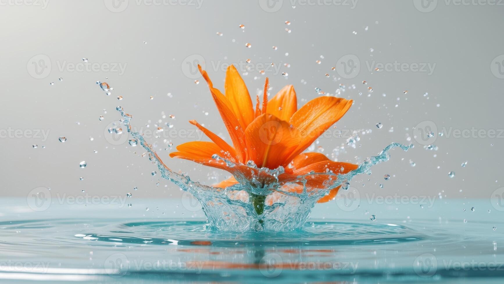 Orange flower splashing in water with dynamic motion photo