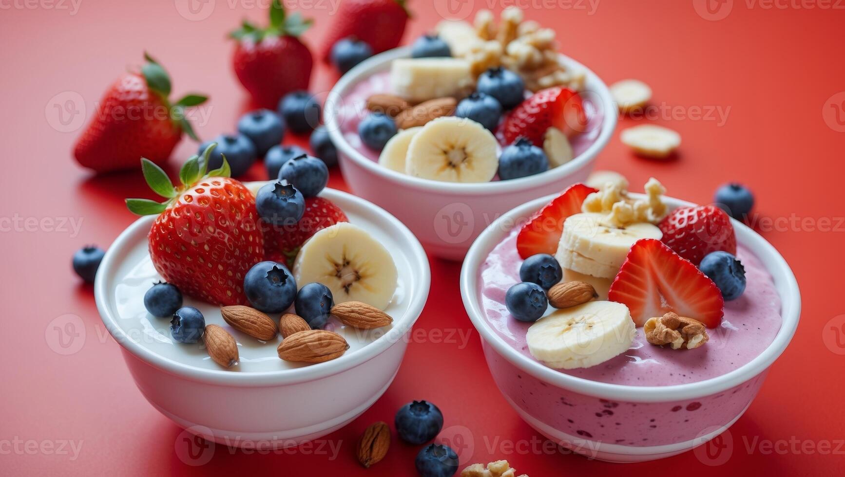 Three bowls of fruit smoothie with strawberries, blueberries, and nuts photo