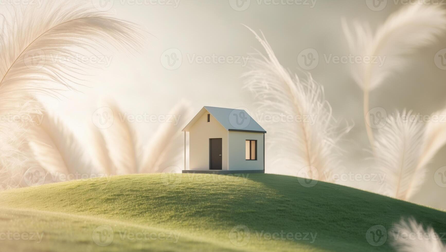 A small house on a hill with tall grass photo