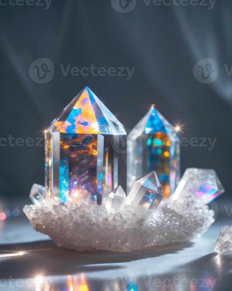 Two crystal houses with colorful lights on them photo