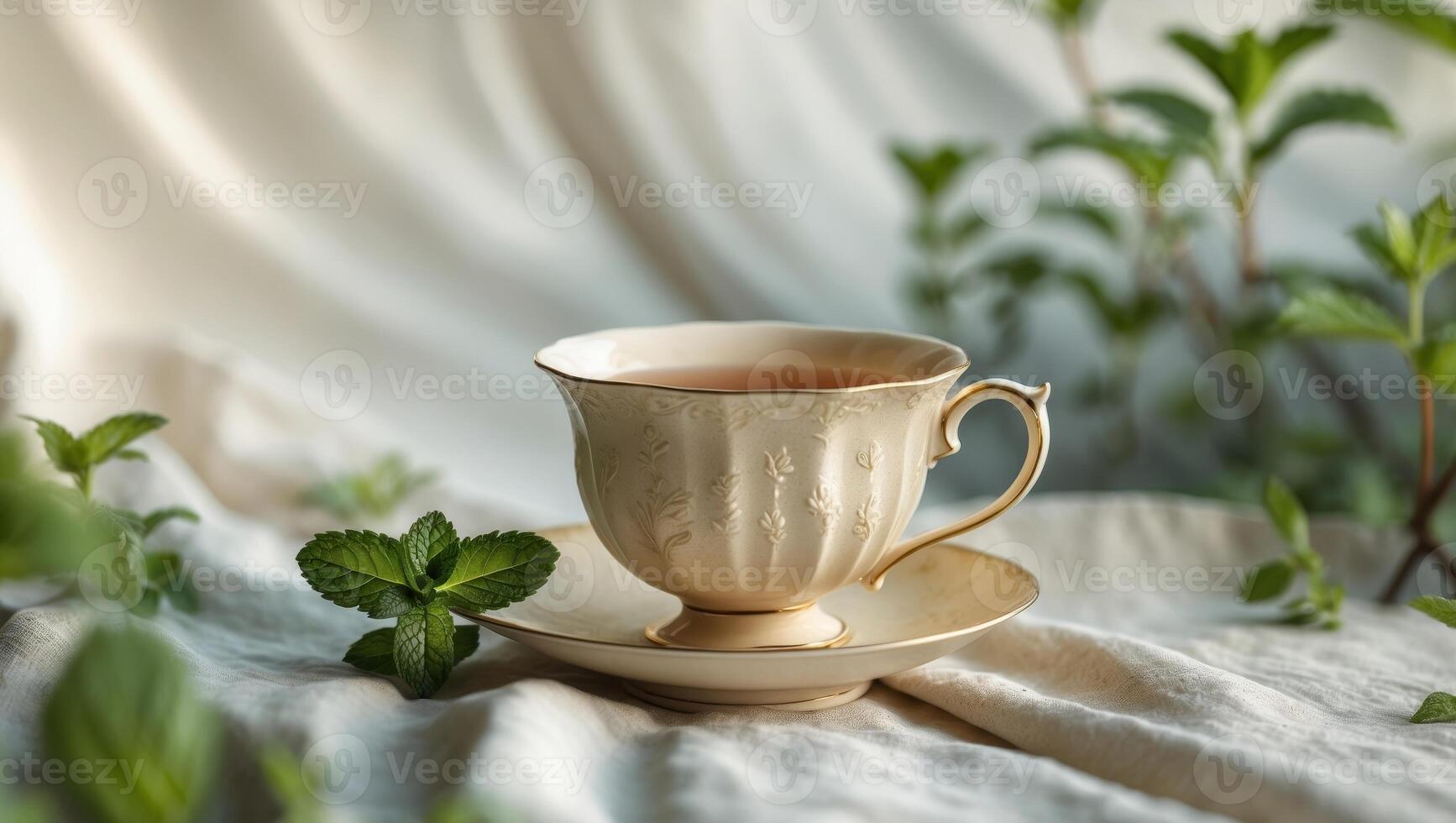 A cup of tea with mint leaves on a white cloth photo