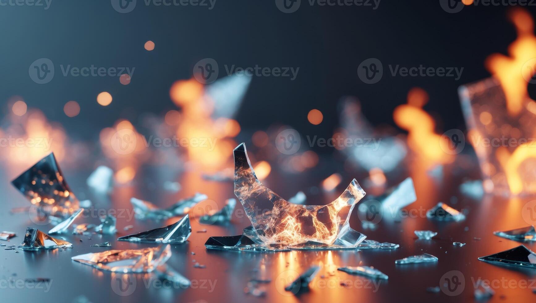 Broken glass on a black background with fire photo