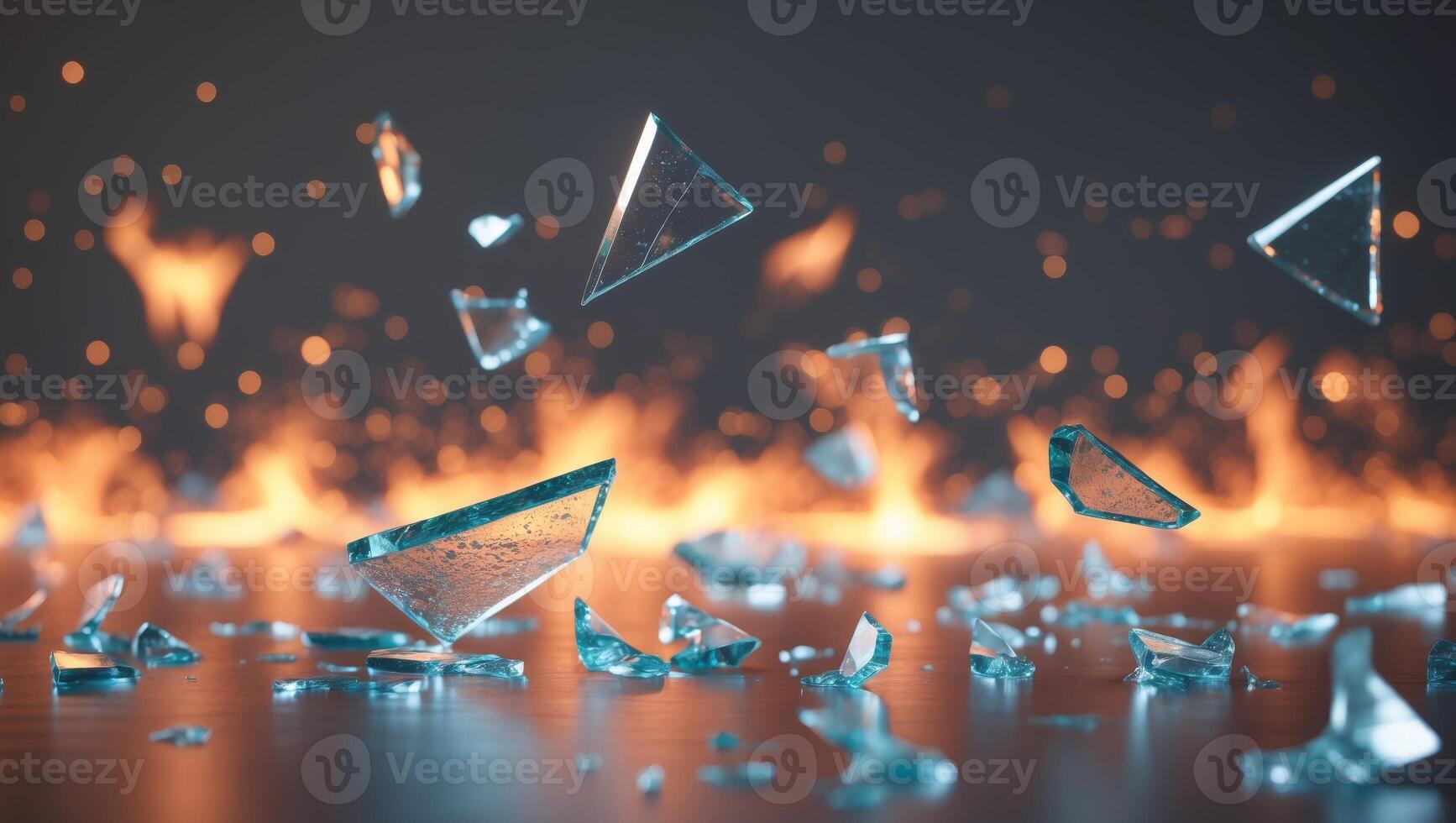 Broken glass shards on a table with fire photo