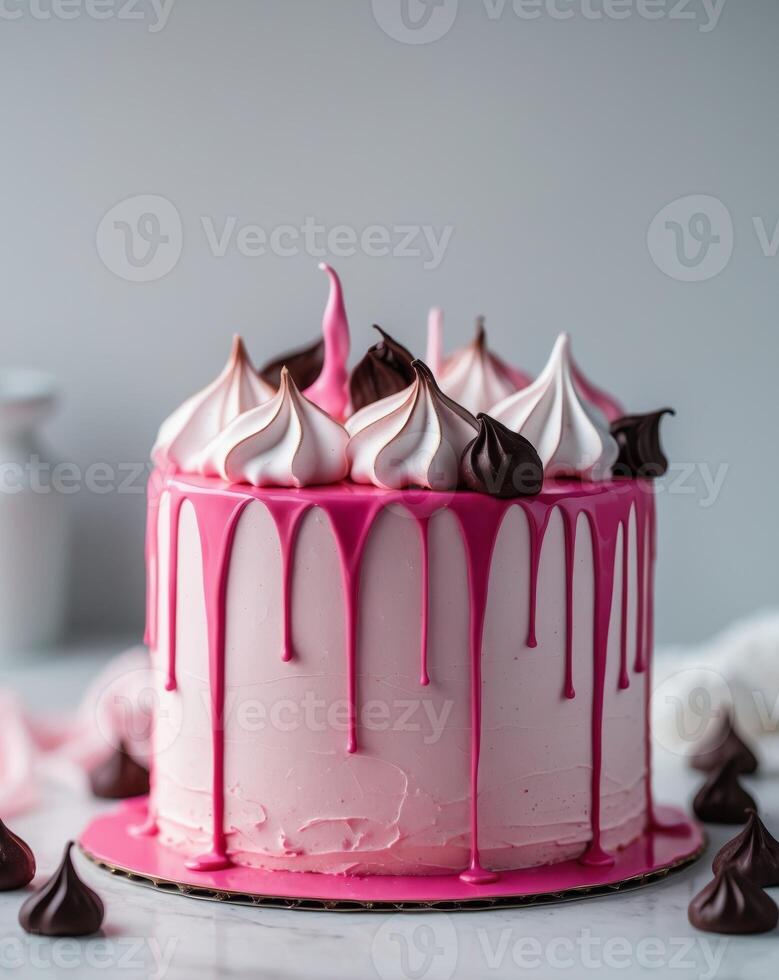 A pink cake with white icing and chocolate drips photo