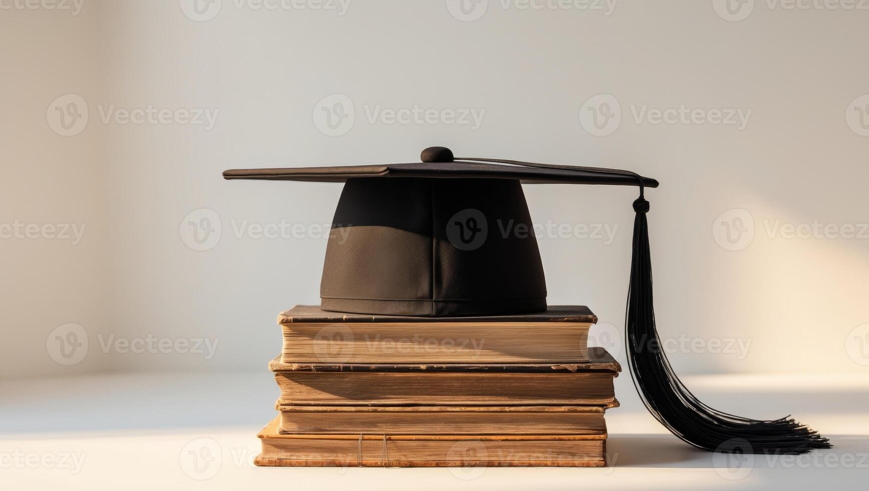 A graduation cap sits on top of a stack of books photo