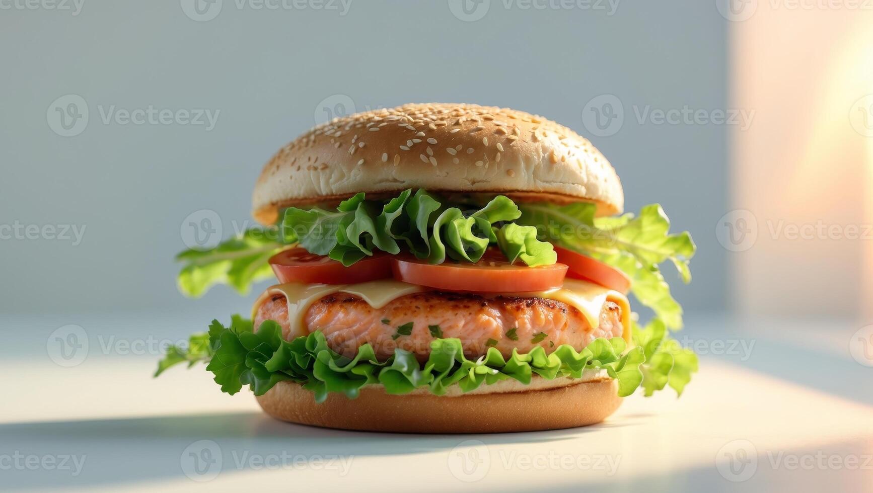 salmon patty on a burger that has lettuce tomatoes and cheese photo