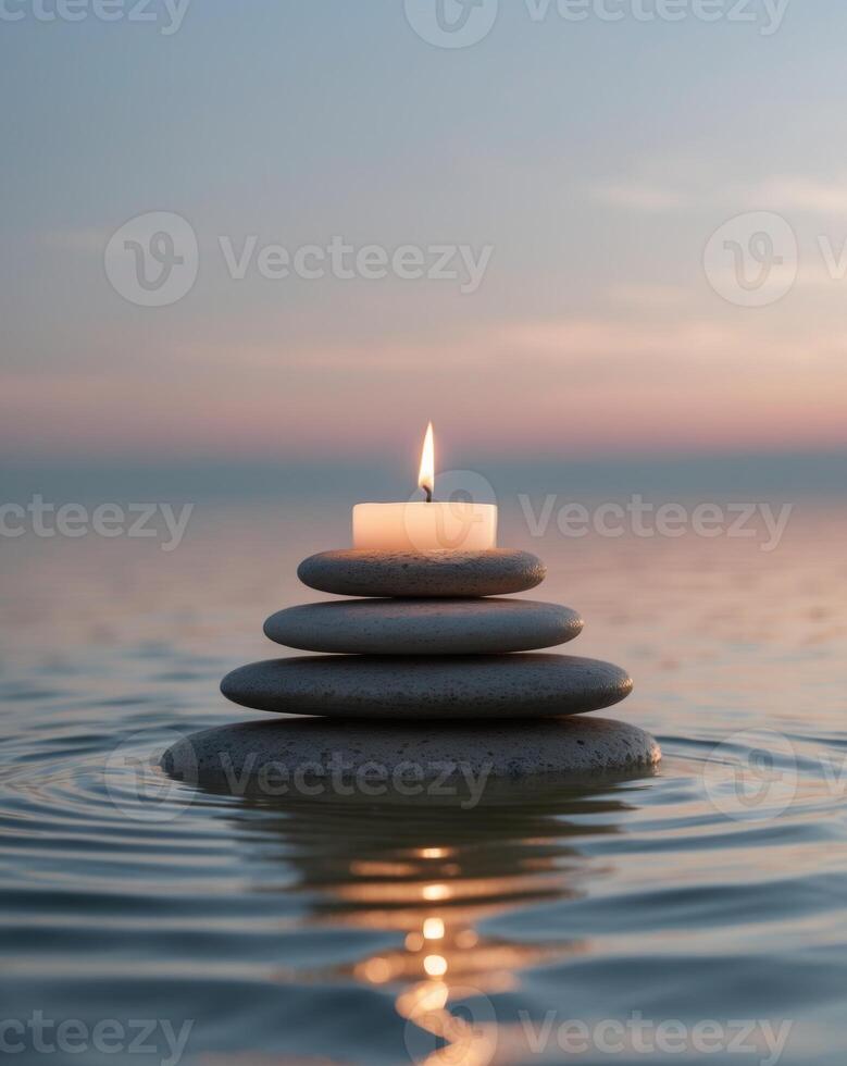 Serene Stacked Stones with Candle and Water Reflection at Dawn or Dusk photo