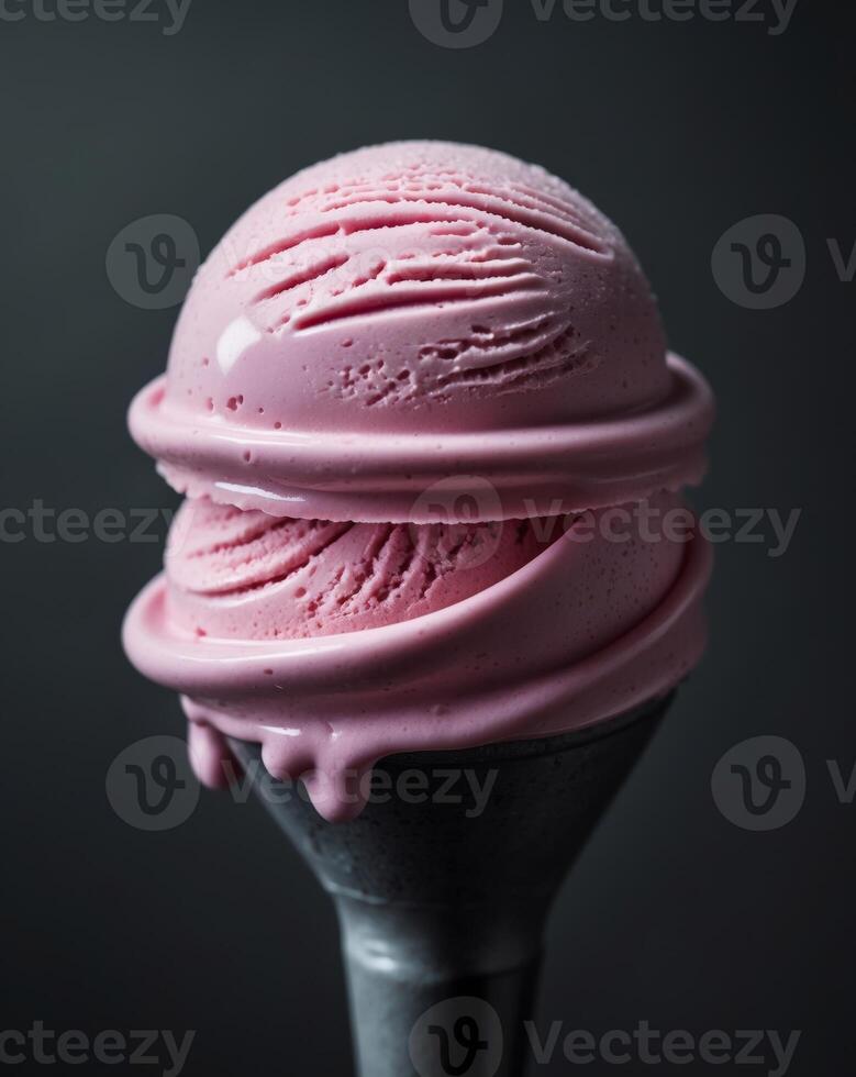 Pink Strawberry Ice Cream Scoop on Black Background photo