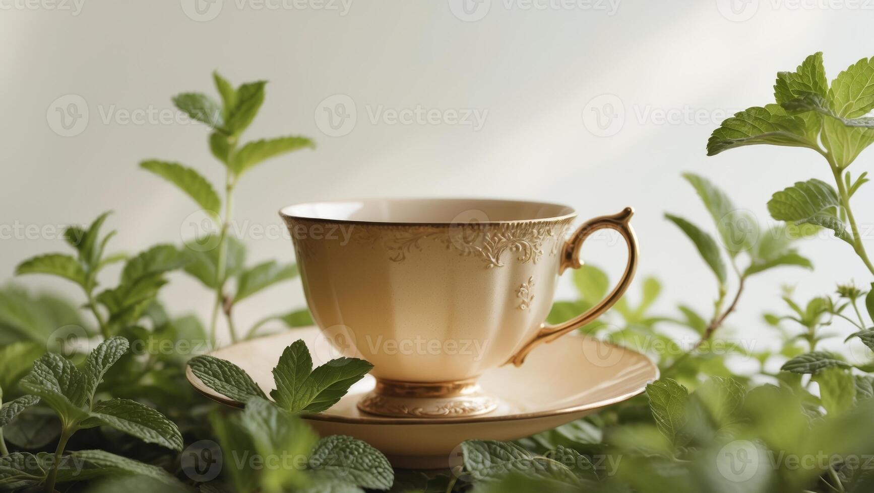 Tea cup with herbal tea and mint leaves in a tranquil outdoor setting during daylight photo