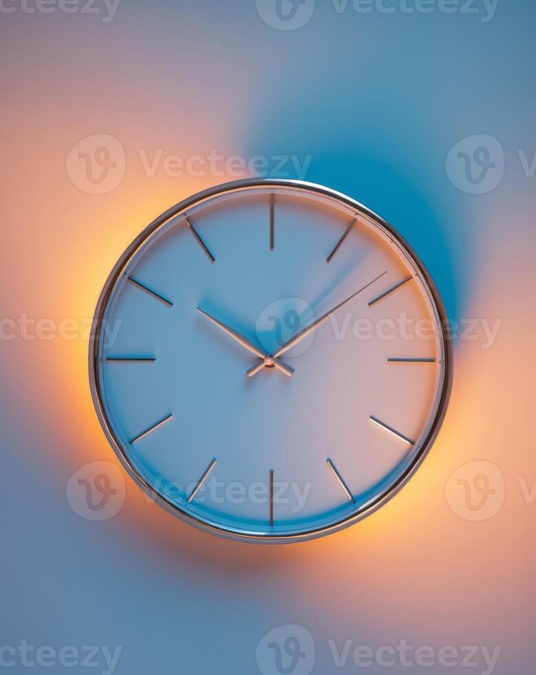 Illuminated Circular Clock in Serene Blue and Orange Scene photo