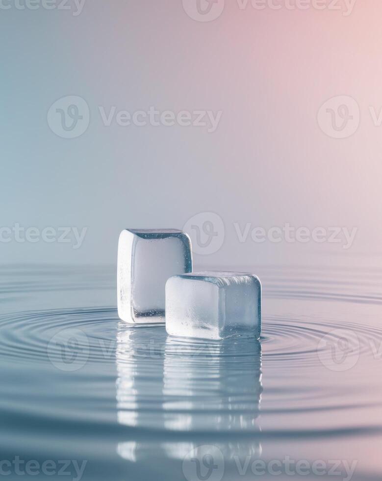 Ice Cubes on Calm Water Surface with Soft Pink and Blue Background photo