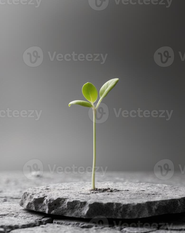 small green sprout grows stone slab symbolizing renewal resilience amidst adversity bringing new life barren photo