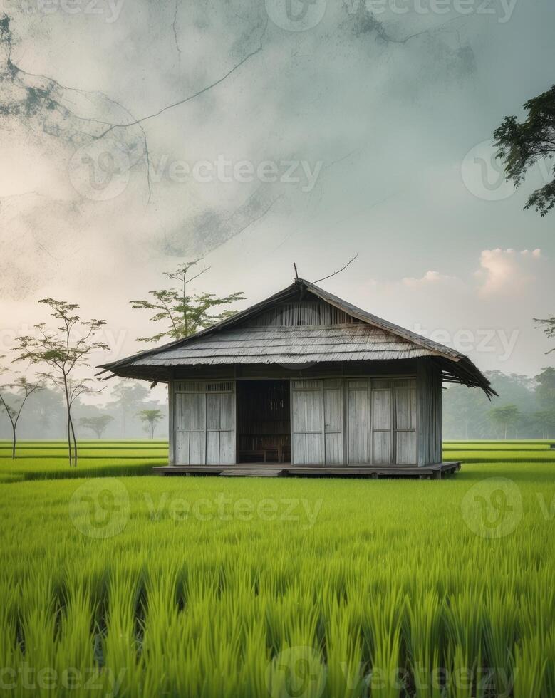 Wooden Hut in Green Rice Fields Under Cloudy Sky photo