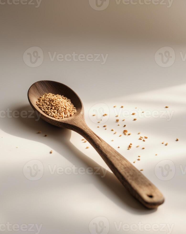 Natural Wooden Spoon with Sesame Seeds Captured in a Simple Yet Elegant Setting photo