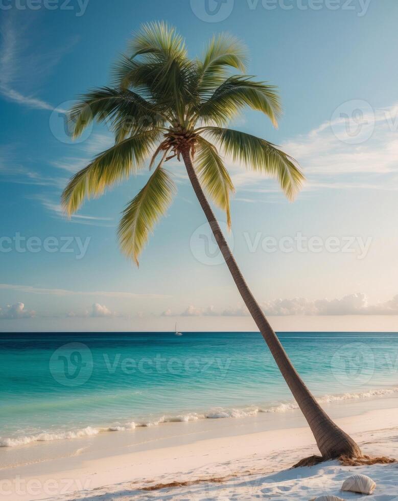 Tropical beach with coconut palm tree and turquoise sea photo