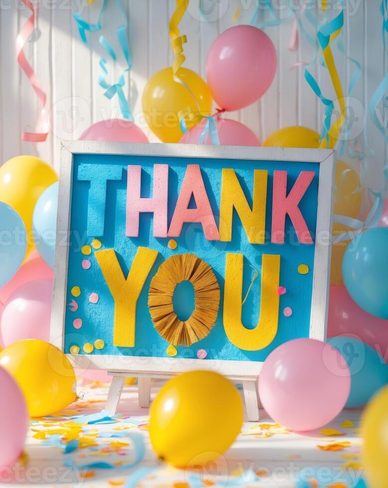 Thank you sign in festive setting with cheerful atmosphere photo
