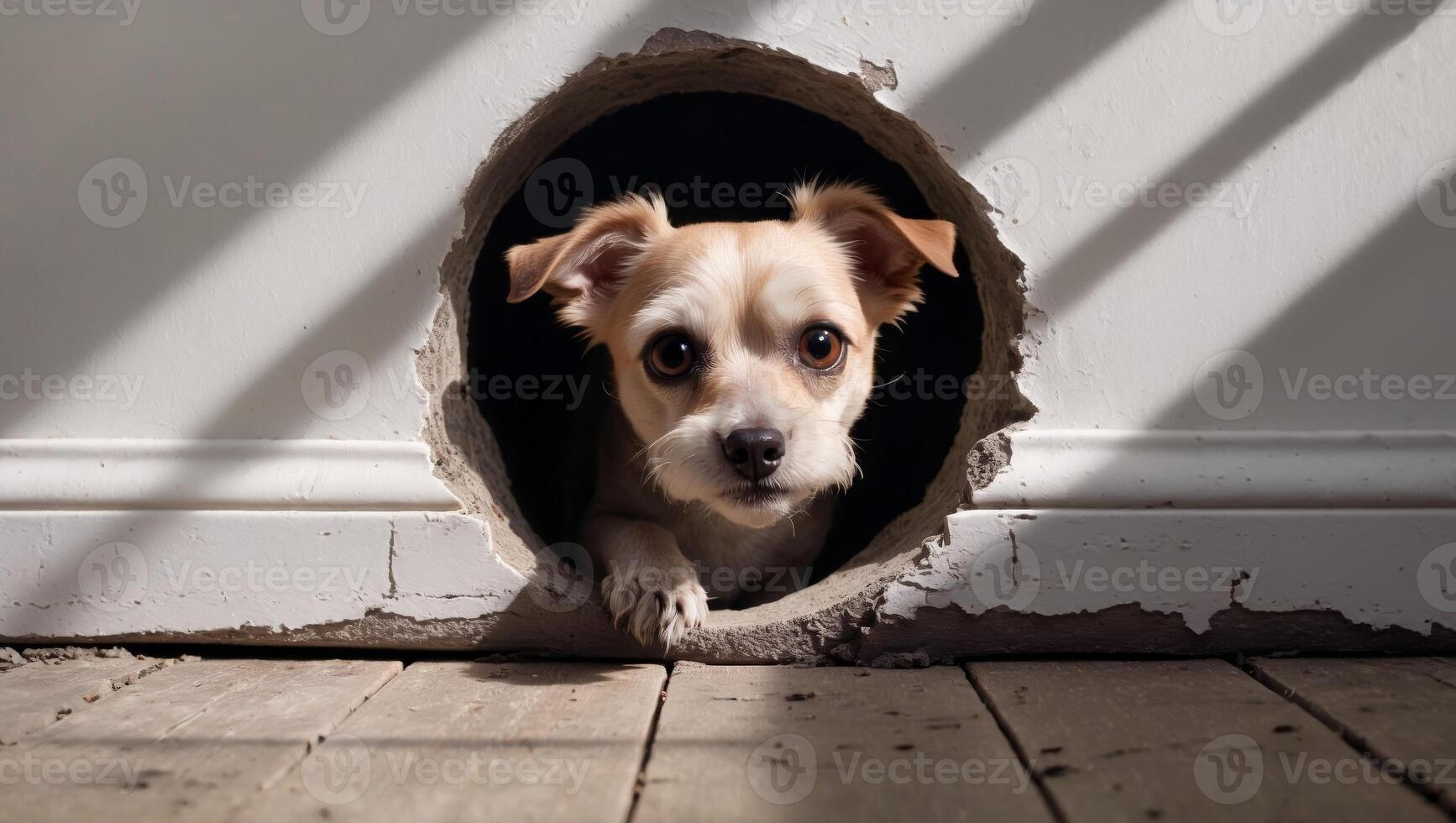 there is a small dog that is looking through a hole in the floor photo