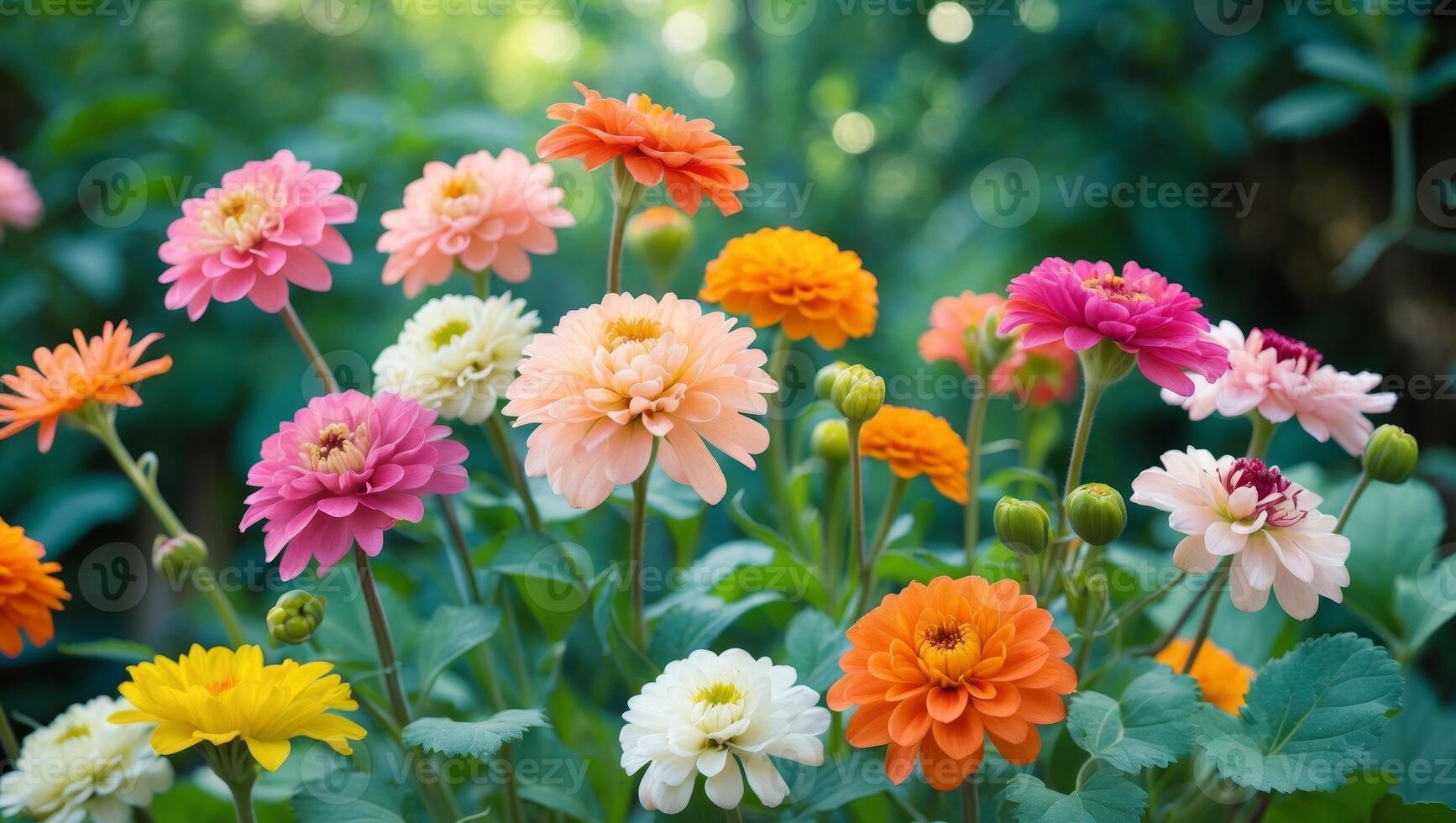 Vibrant floral display in nature colorful zinnias on a lush green background serenity concept photo
