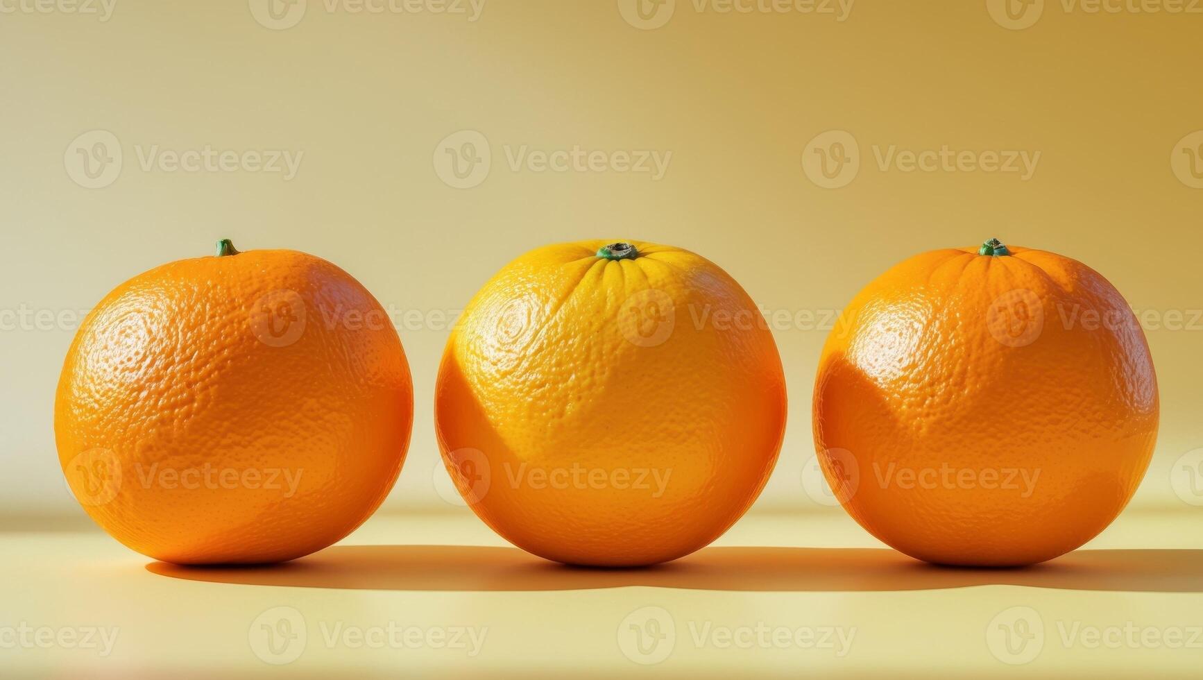 three oranges are arranged in a row on a yellow surface photo