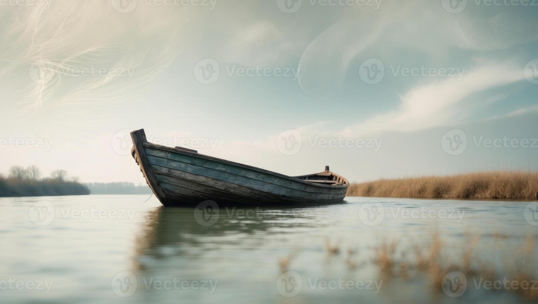 Tranquil River Scene with Boat under Cloudy Sky photo