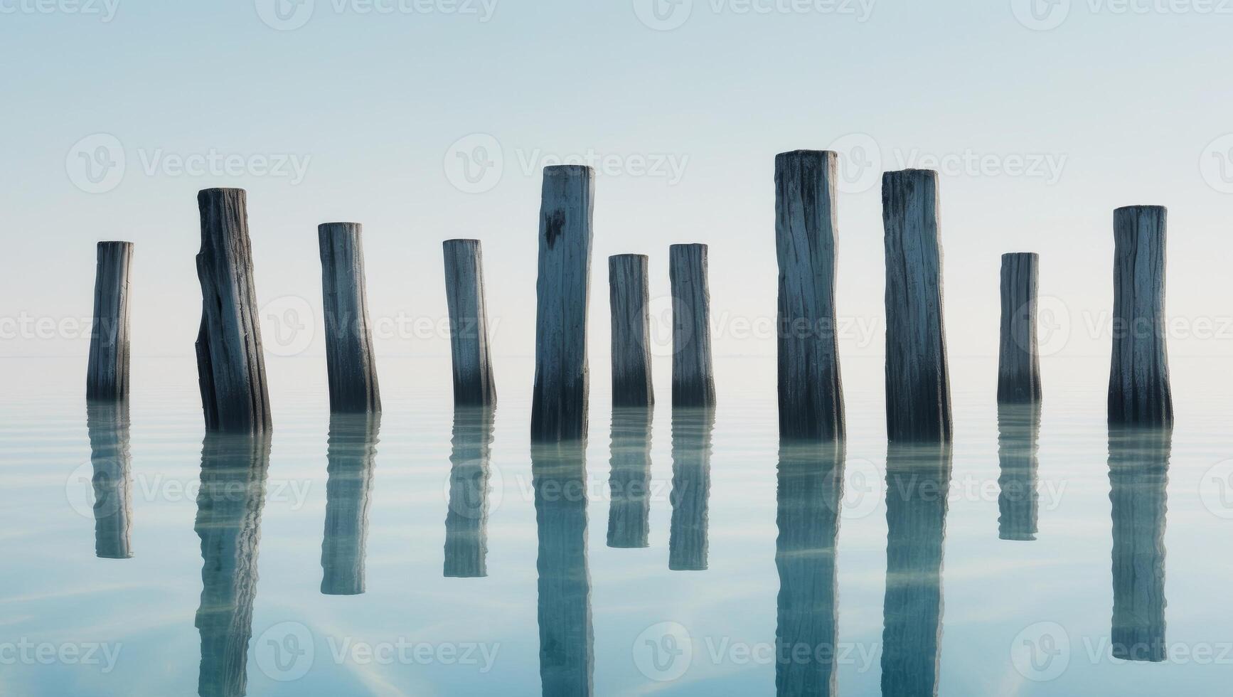 Wooden posts standing in calm lake water photo