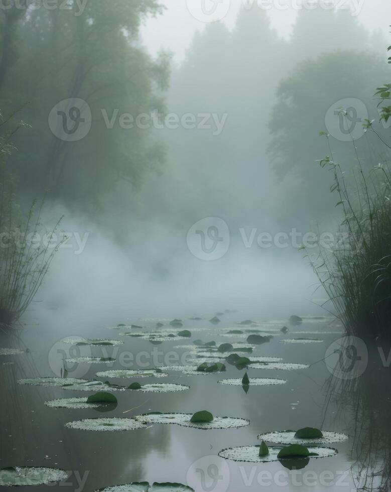 Tranquil Misty Pond Scene with Lily Pads and Lush Greenery photo