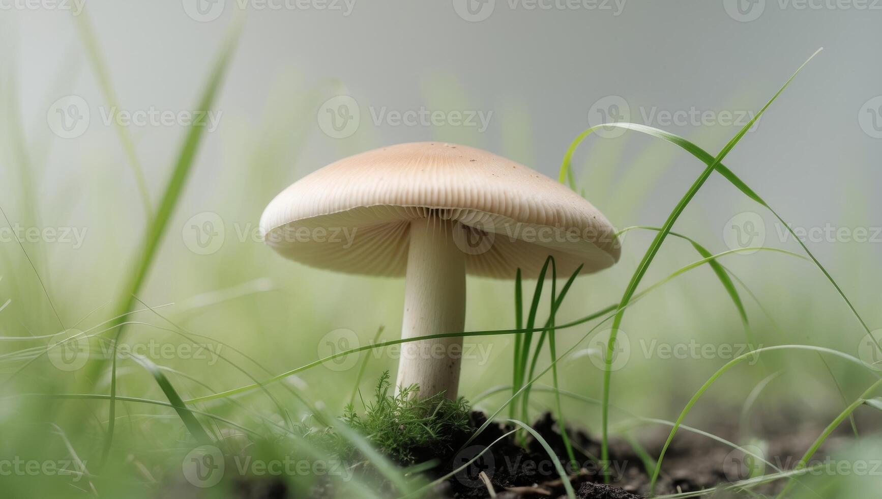 A mushroom is standing in the grass with a green background photo