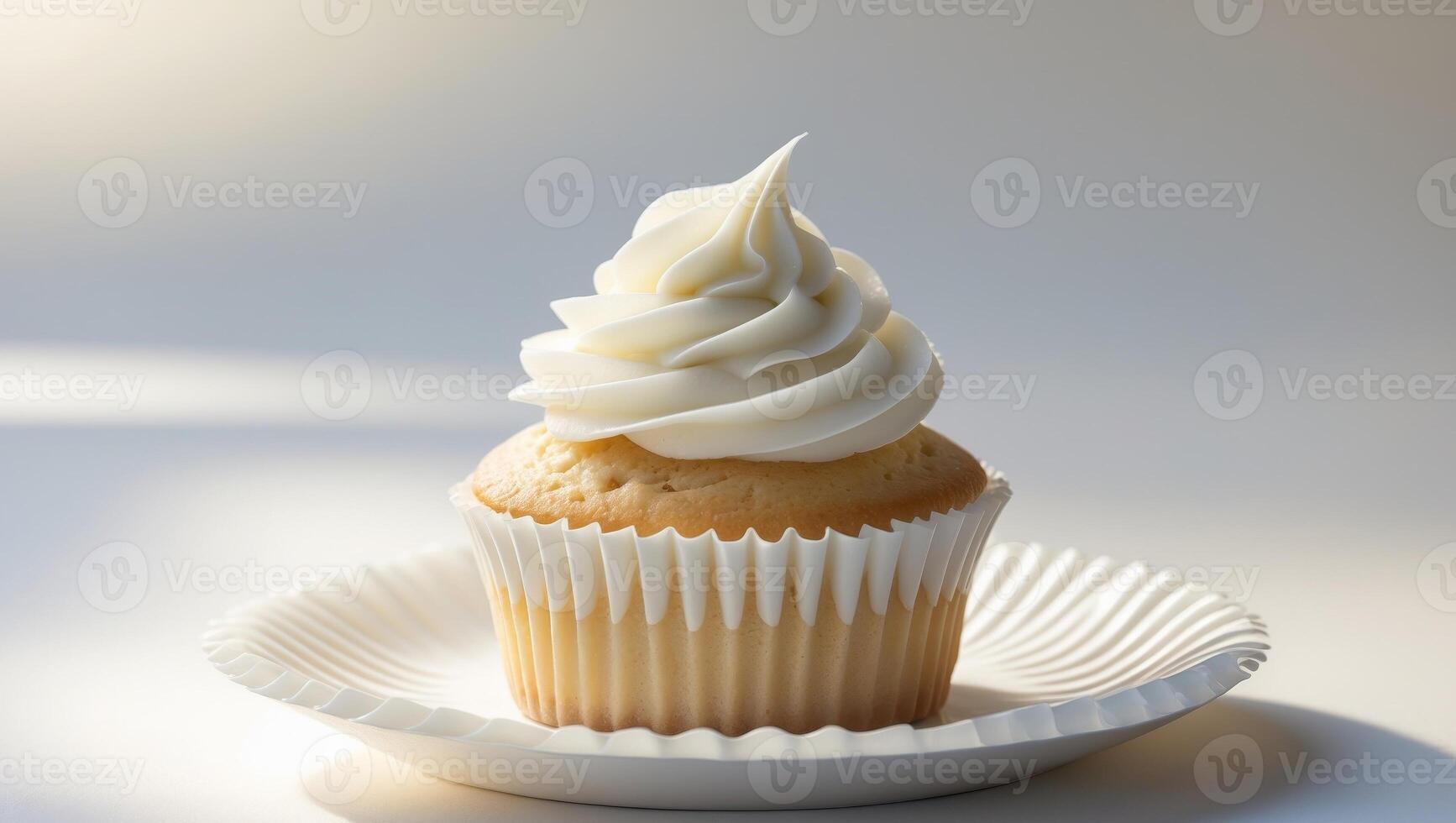 A cupcake with white frosting on top on a white plate photo