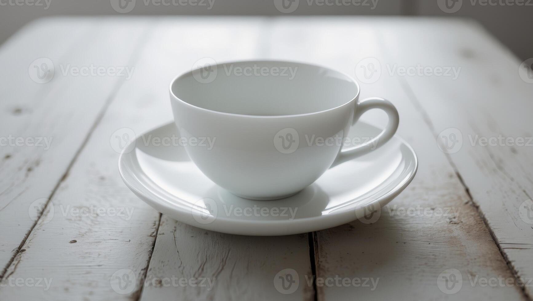 A white cup and saucer on a wooden table photo