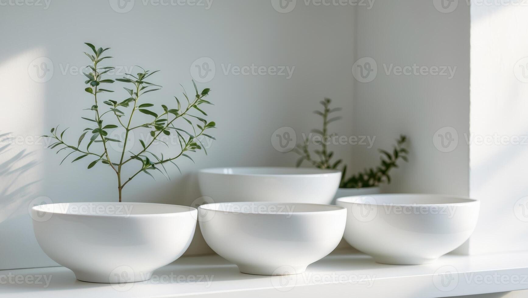 Three white bowls sitting on a shelf next to a plant photo