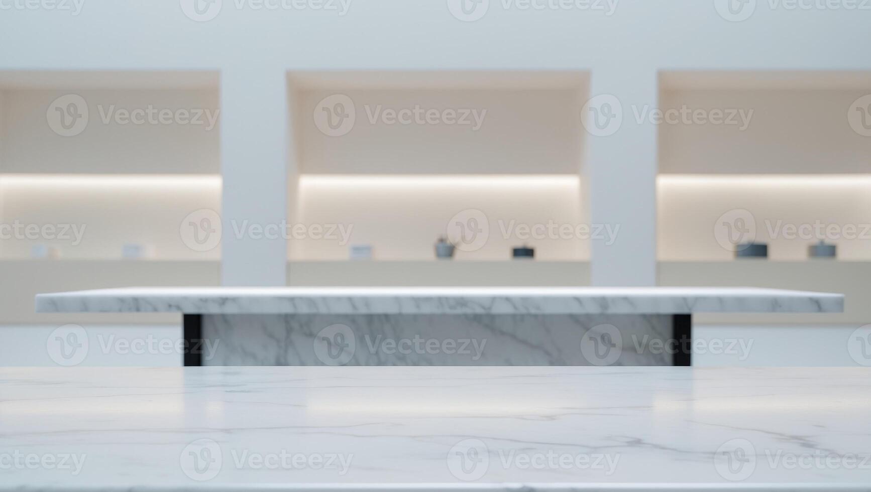 A white marble counter with a shelf in the middle photo