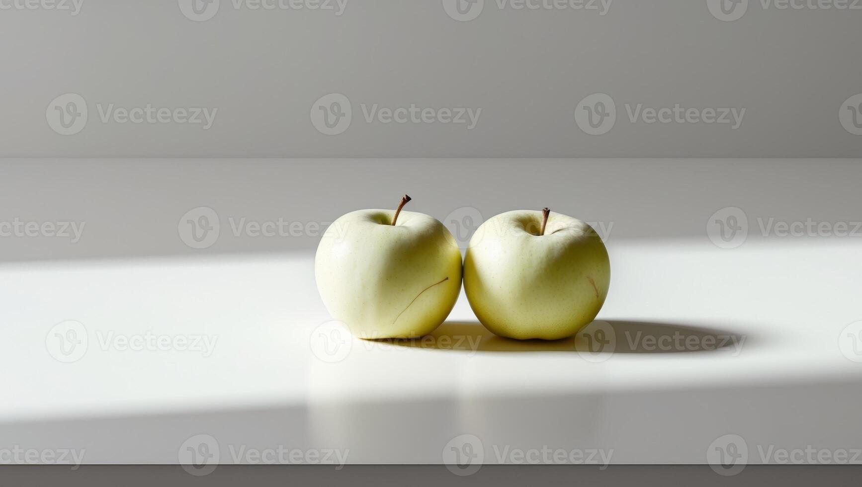 Two apples on a table with a shadow photo