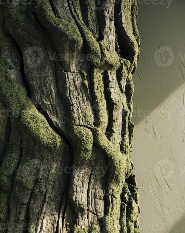 A close up of a tree trunk with moss on it photo