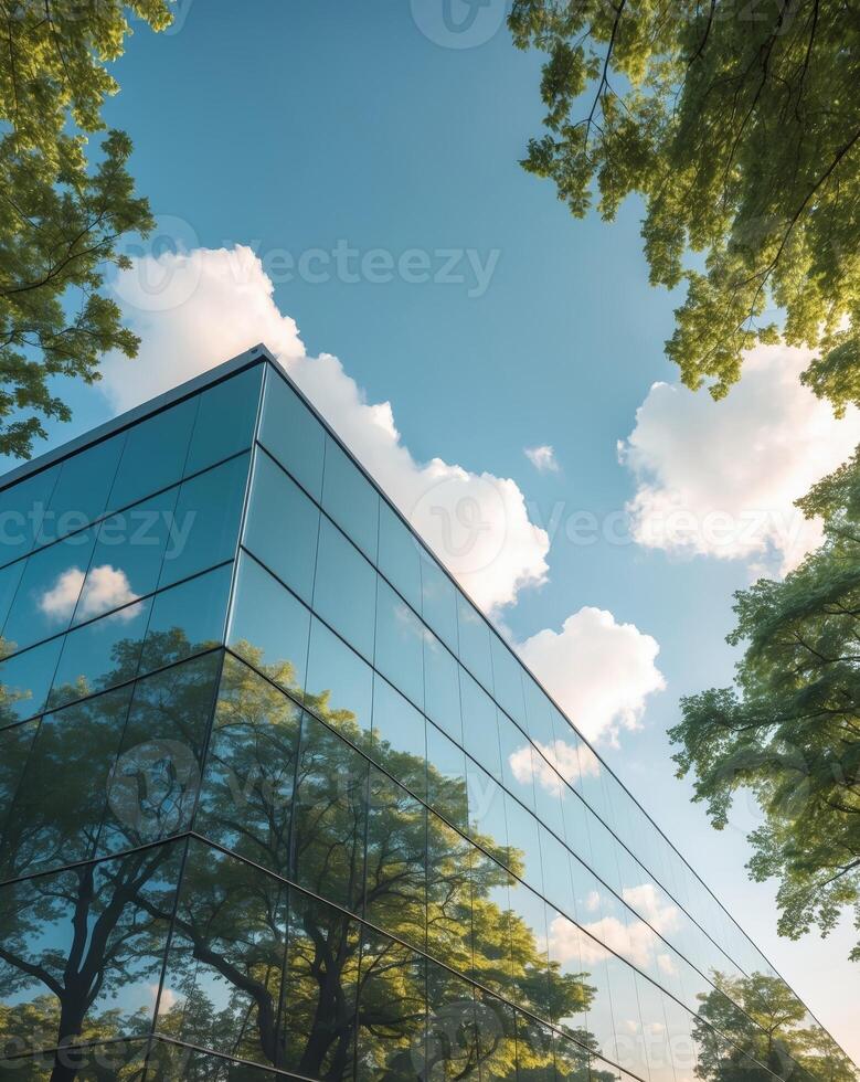 A building with a glass facade and trees photo