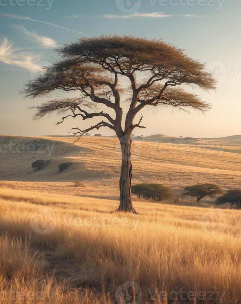 A lone acacia tree in the middle of a field photo