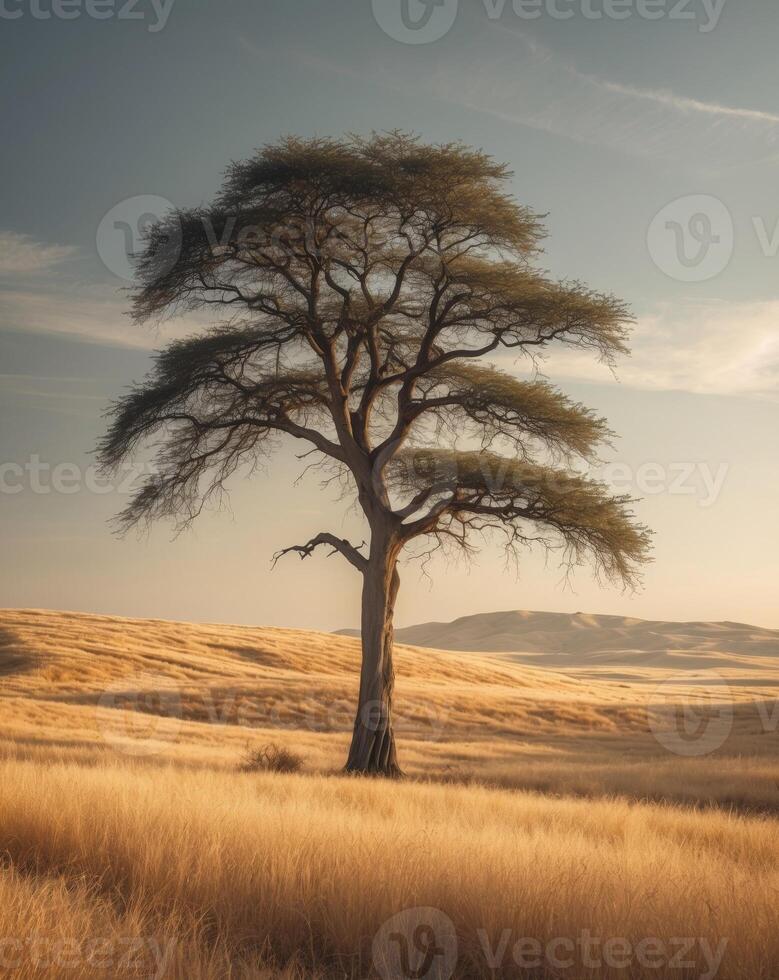 A lone tree stands in the middle of a field photo