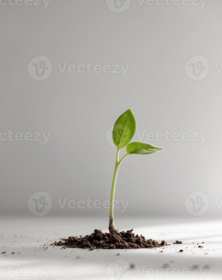 Fresh green seedling emerging from rich soil photo