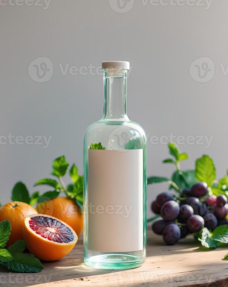 Brown glass bottle with blank label surrounded by fresh fruits and herbs on a wooden surface photo