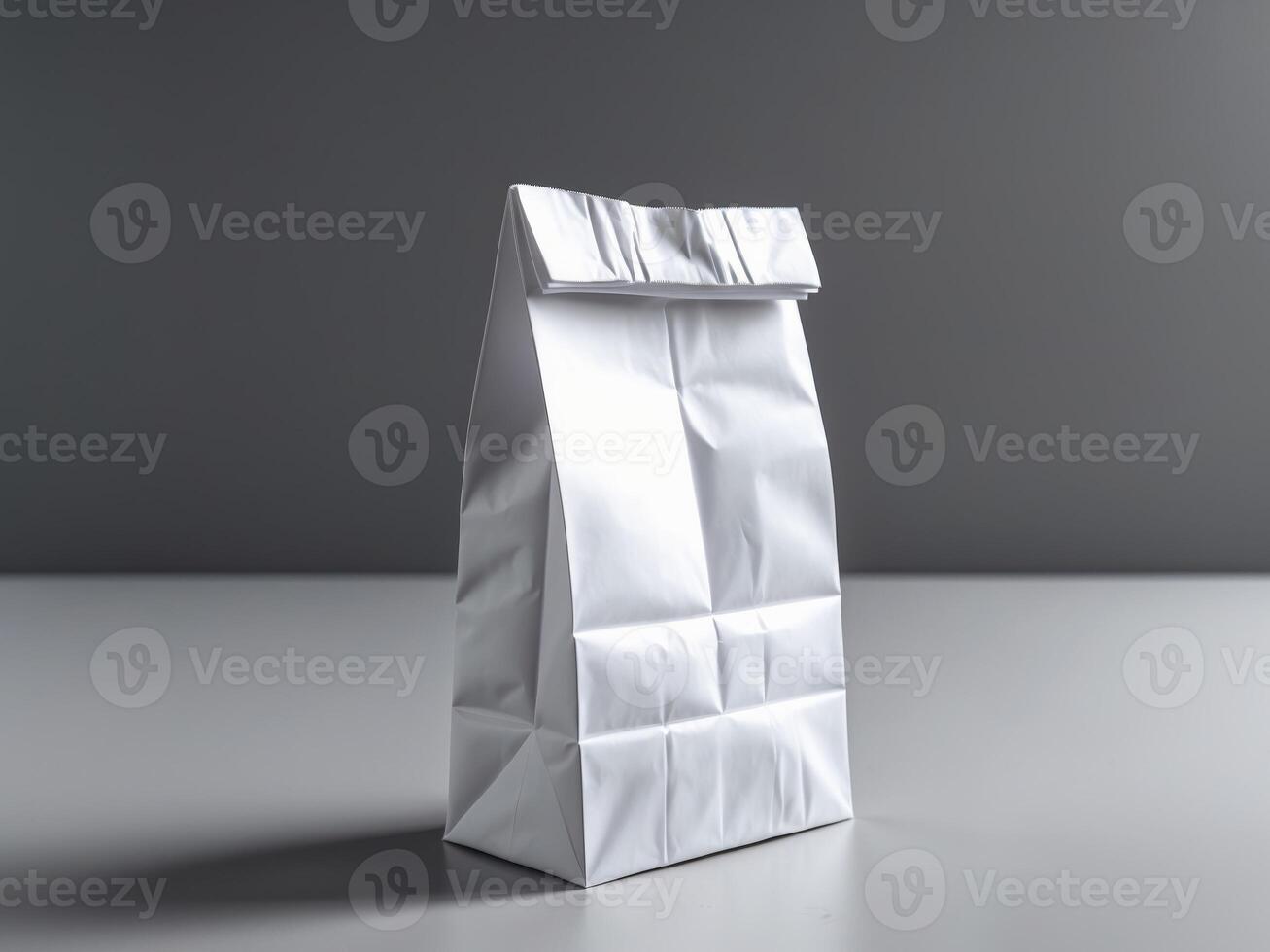 A perspective view of a white paper bag mockup photo
