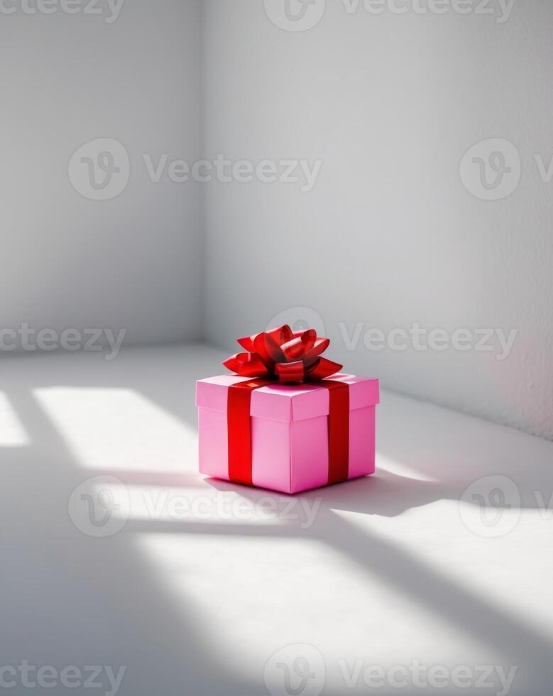 a close up of a pink gift box with a red bow photo