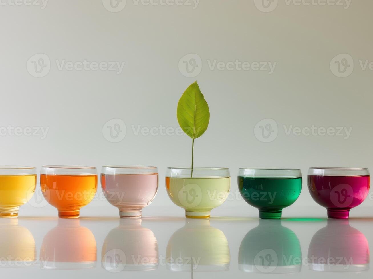 A row of bowls with different colored liquids and a green leaf photo