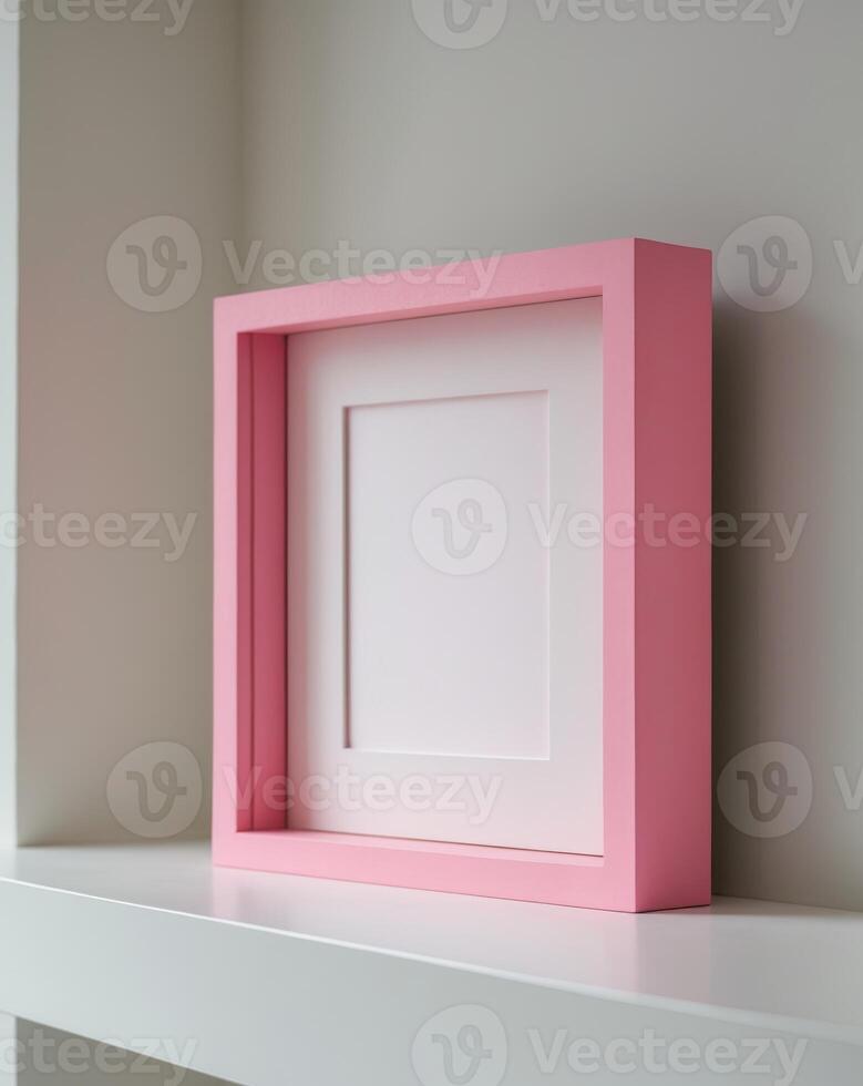 a close up of a pink square frame on a shelf photo