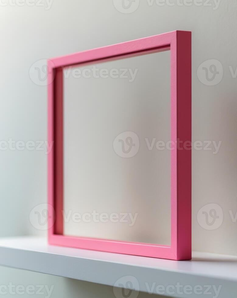 a close up of a pink square frame on a shelf photo